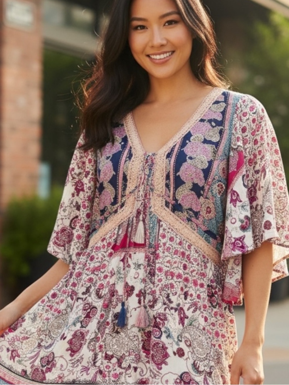 Coco + Carmen Boho Floral V-Neck Embroidered Tunic Top